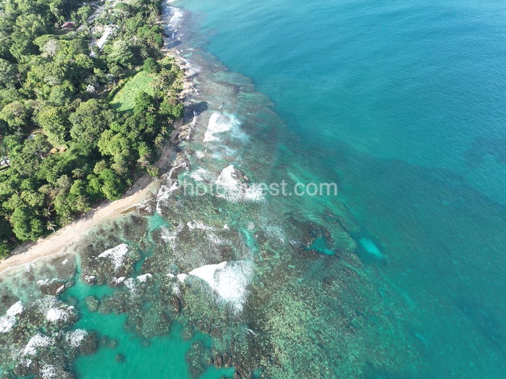 Playa Cocles and Limon coastline aerial, Costa Rica.