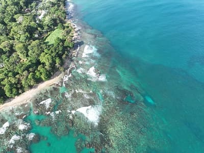 Playa Cocles and Limon coastline aerial, Costa Rica.